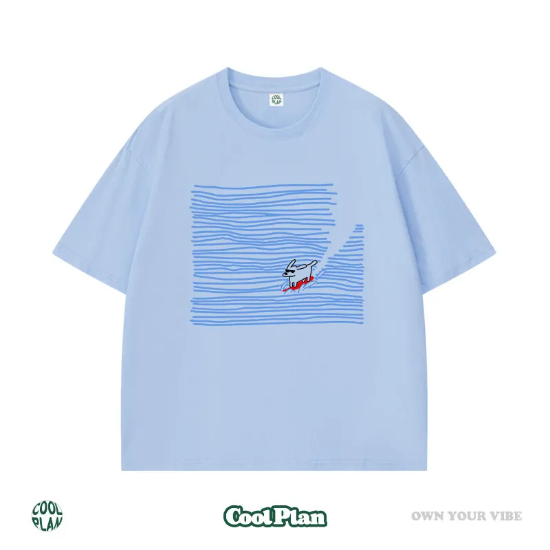 Artistic Blue Line Dog Surfing Hand Drawn Pure Cotton Printed T-shirt New Men's and Women's Loose Fashion Trendy T-shirt