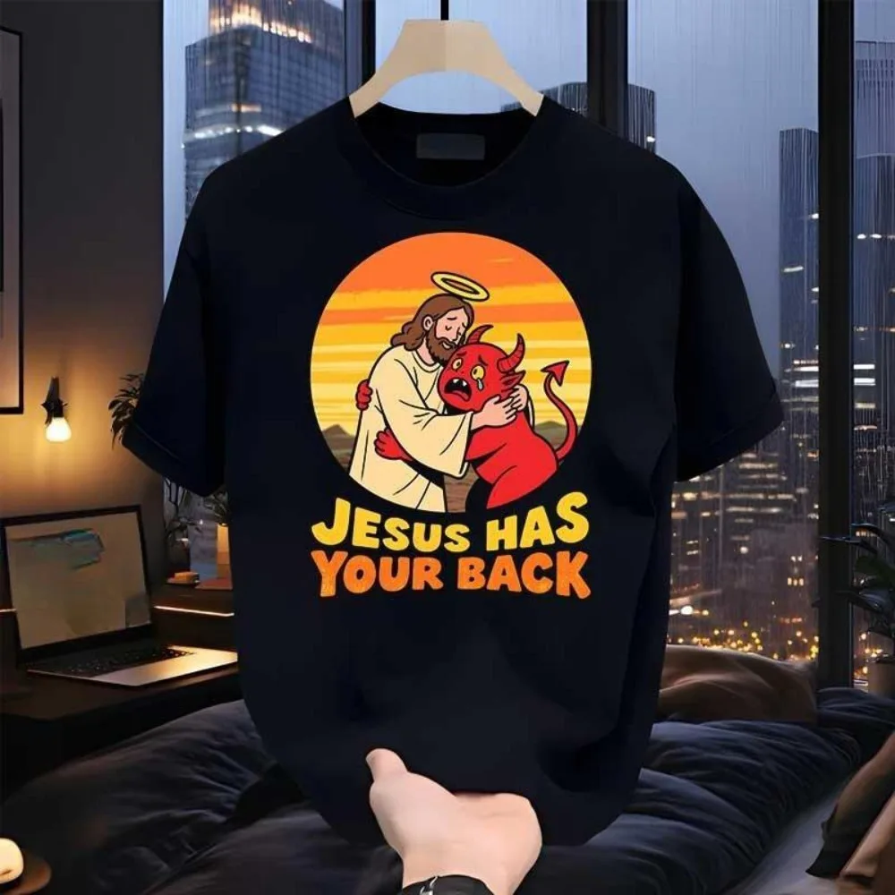 

Jesus Embracing Devil Religious - Humorous Graphic Tees, "JESUS HAS YOUR BACK" Inspirational Streetwear Style Pattern Tops