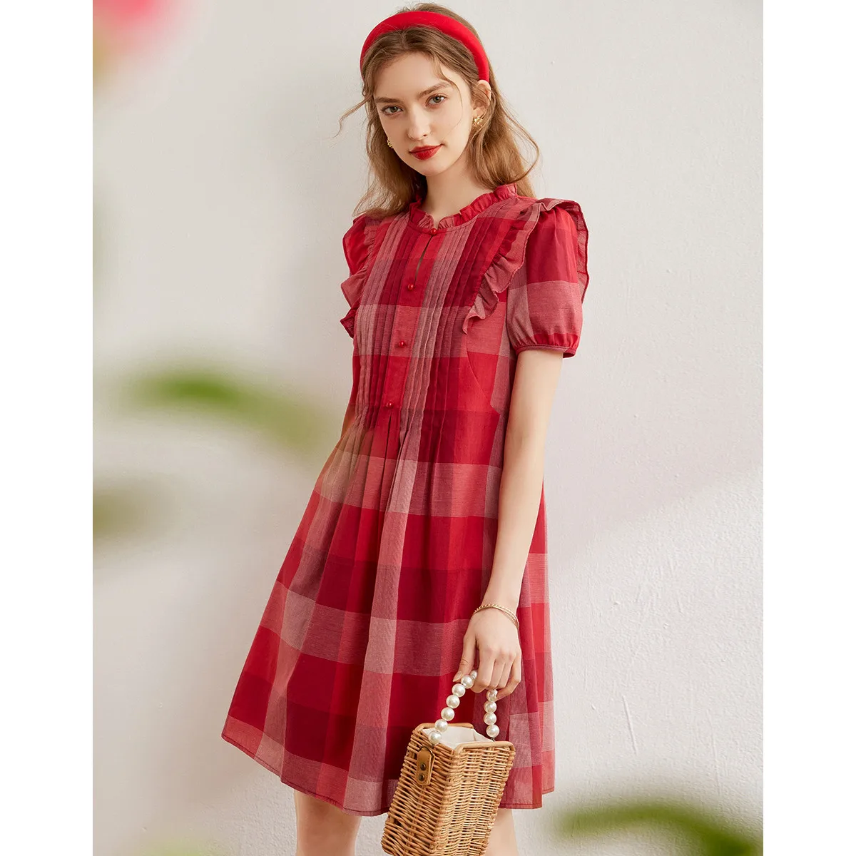 LOUIS YAO Women Cotton Dress Retro Style 2024 Summer Plaid Dress O Neck Short Sleeve Sweet Fashion Dress