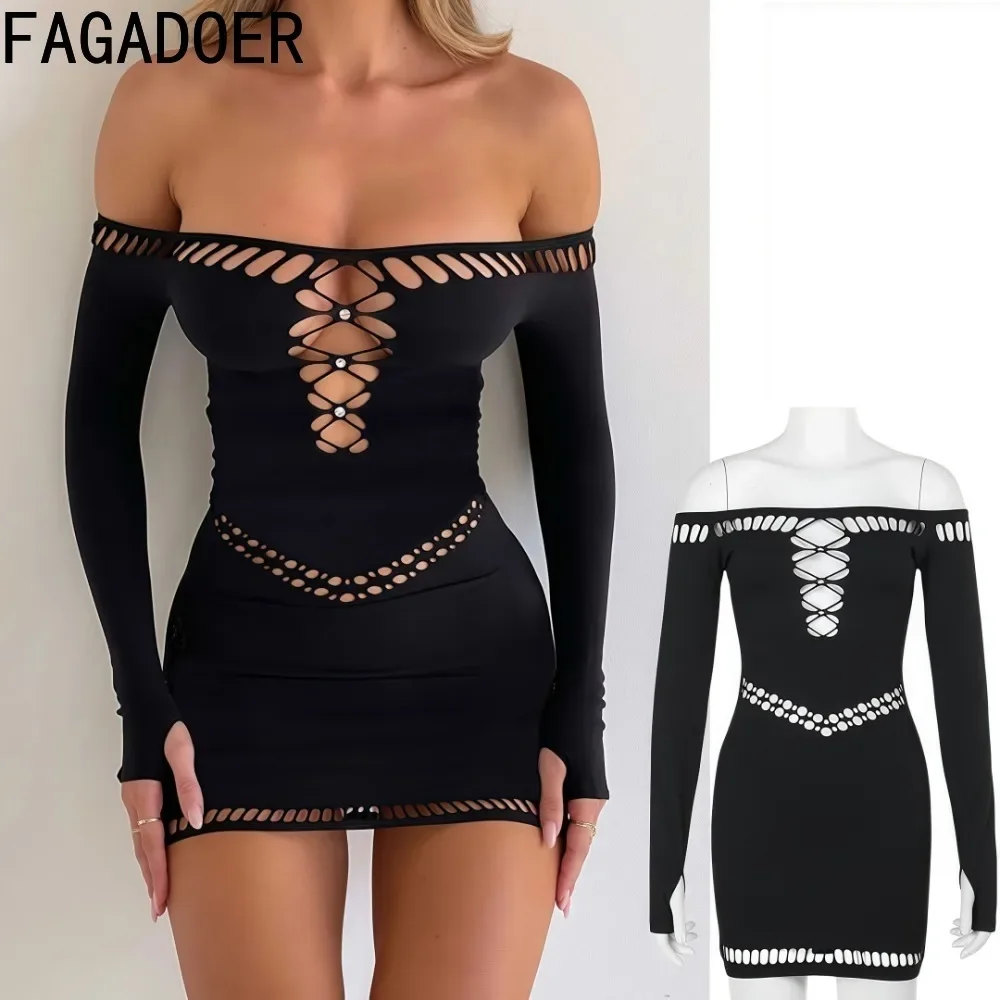 

FAGADOER Hollow Out Sexy Mini Dress Women Black Off Showlder See Through Bodycon Dress Female Party Clubwear Vestidos 2025 New