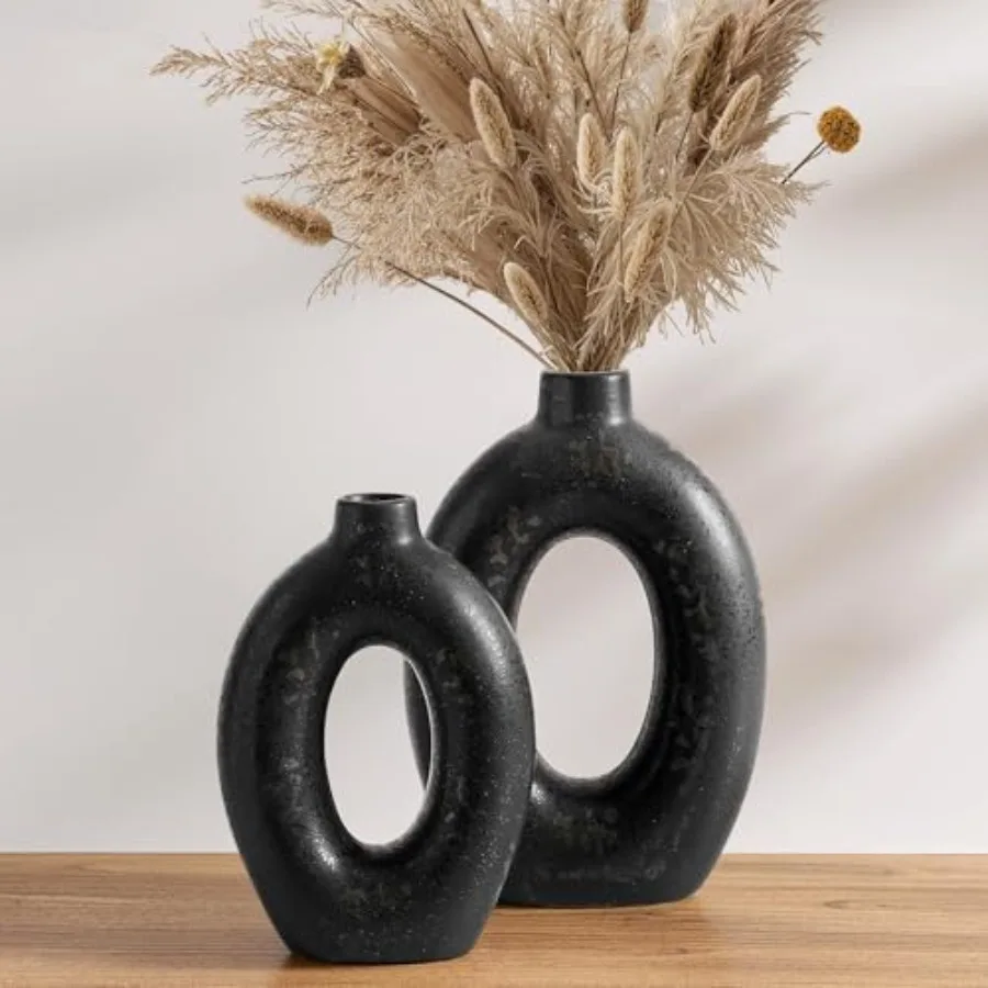 

Ceramic Vases Set of 2, Hollow Donut Flower Vases, Modern Decorative Centerpiece for Home Decor, Coffee Table, Shelf, Mantel, B