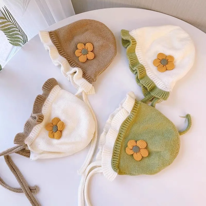 Winter Warm Knitted Beanie Hats 12-36 Months Flower French Style Plush Thremal Fleece Fuzzy Hats Ear Protection Beanies