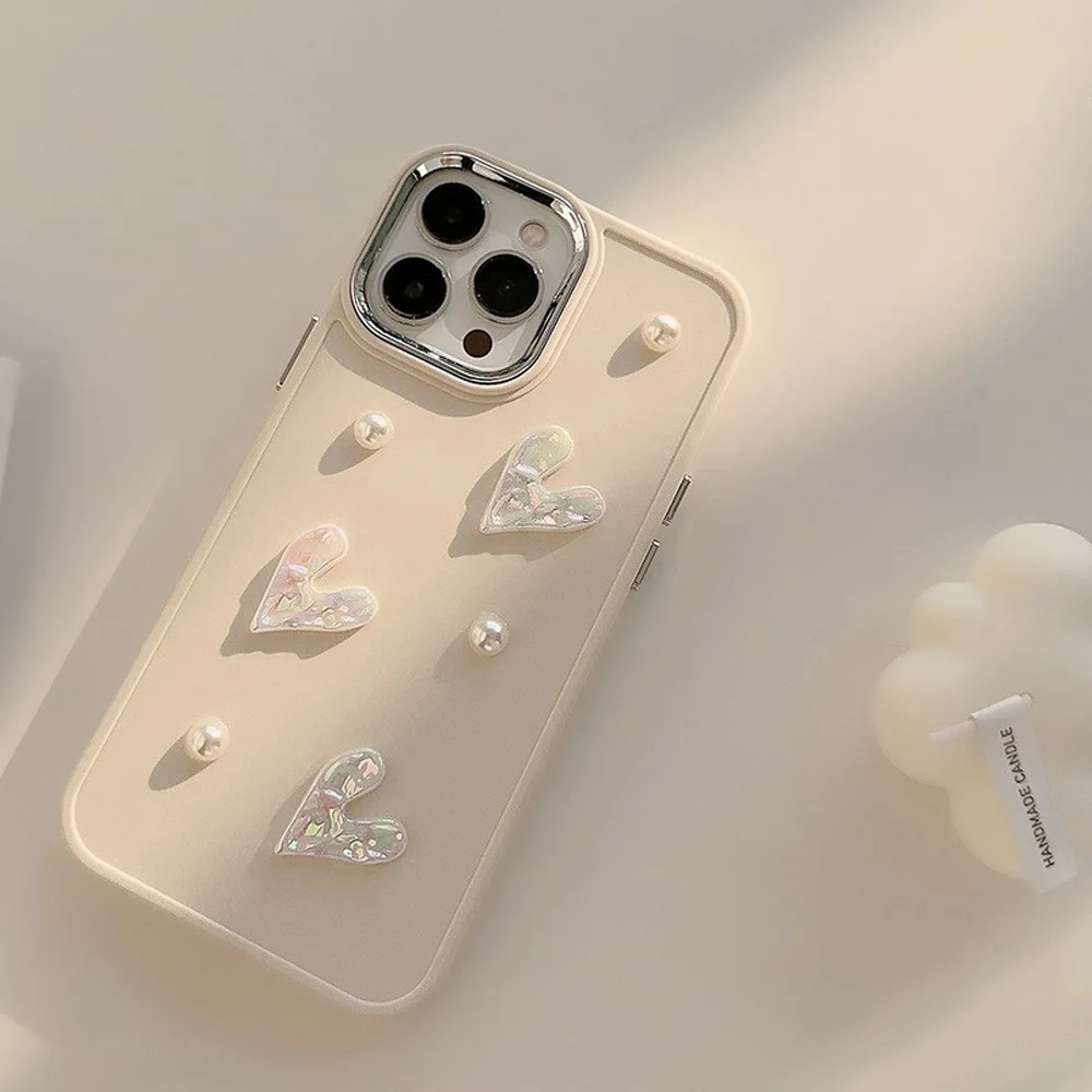 3D Pink Love Heart Pearl Phone Case for IPhone15 14 12 13 11 Pro ProMax Mini Plus X XR Shockproof Phone Cover