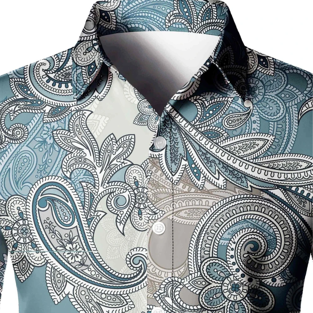 Camisa retrô estampada masculina, de manga comprida, de botões, casual, diário, rua, outono, inverno