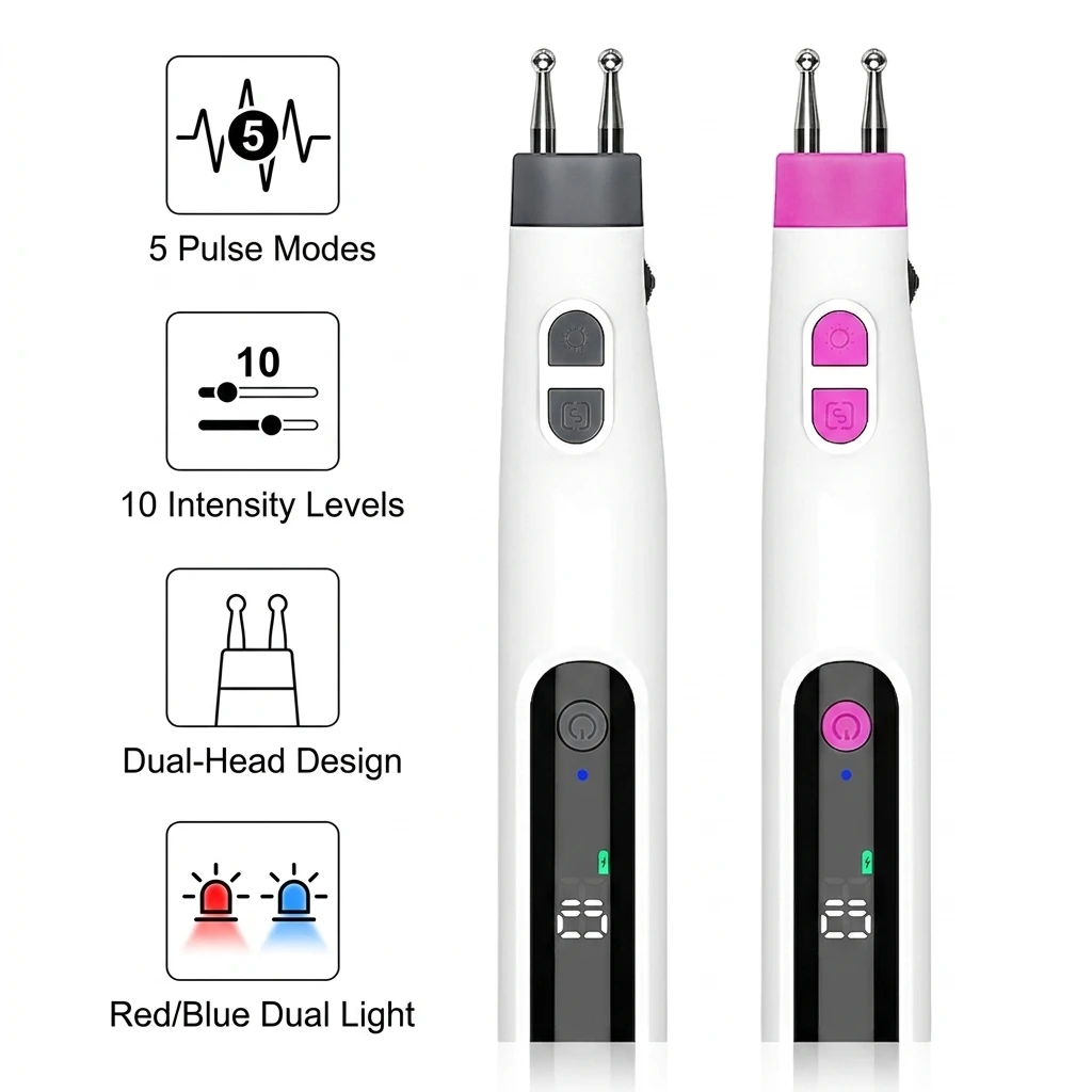 Dual Head EMS Massage Pen, 5 Modes 10 Levels Pulse Body Massager with Red Blue Light, Rechargeable Acupressure Point Massage Too