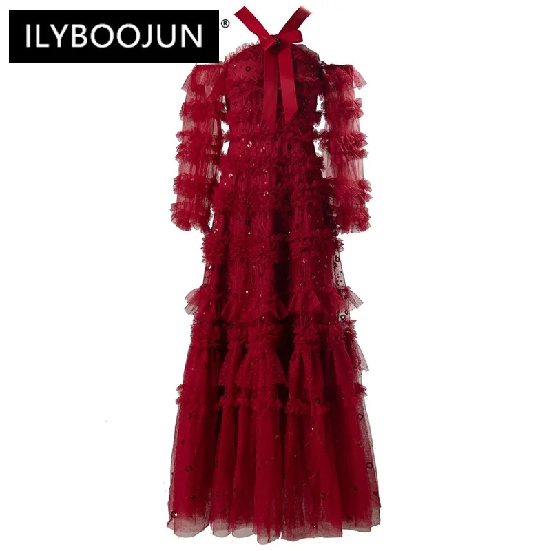 2024 Luxury Brand High Quality Autumn Backless Mesh Dress Women Long Sleeve Sequins Ruffles Elegant Party Ball Gown Dresses