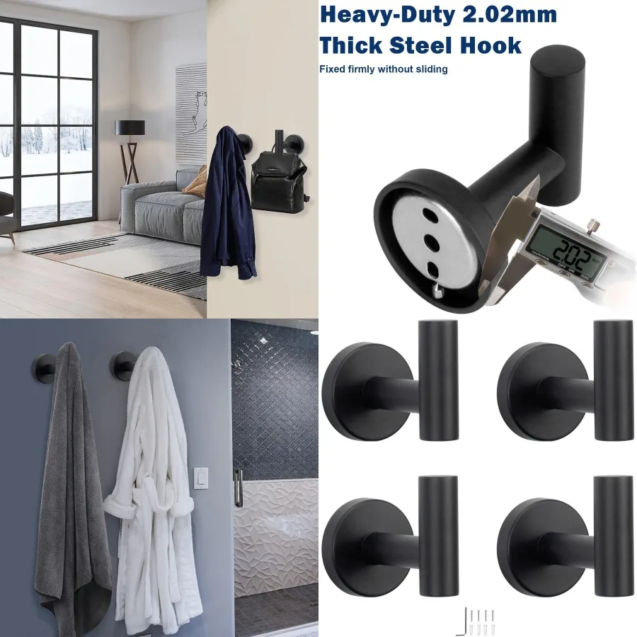 

Heavy Duty Wall Mounted Bath Towel Hooks Set in Matte Black for Bathroom Living Room Hotel Kitchen Garage SUS 304 Stainless Ste