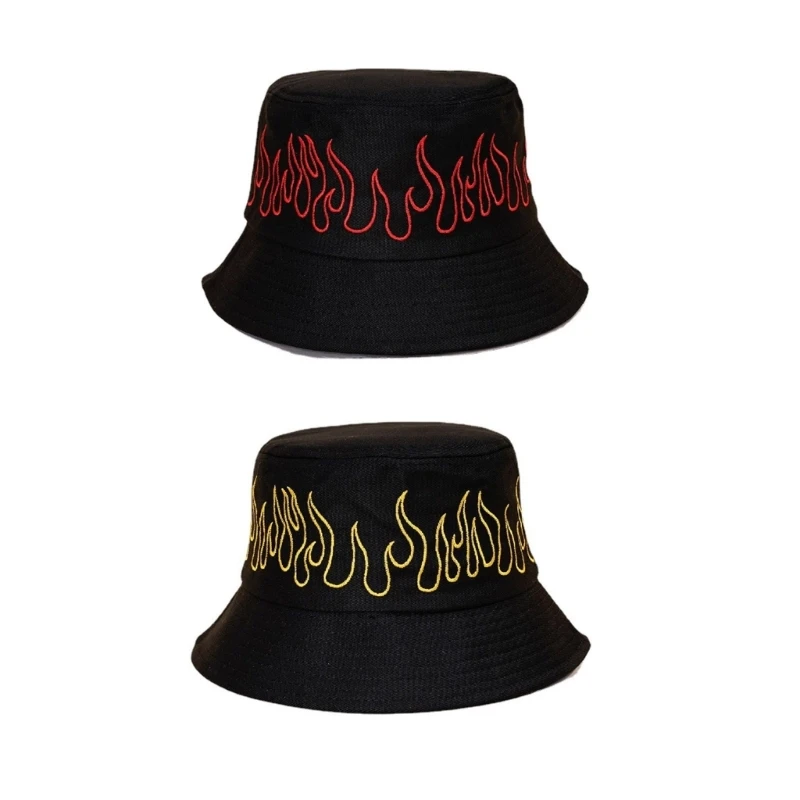 

Wide Brims Hat Summer Spring Bucket Hat Embroidery Flame Fisherman Hat for Adult Teens Skin Friendly Outdoor Fishing Hat DXAA