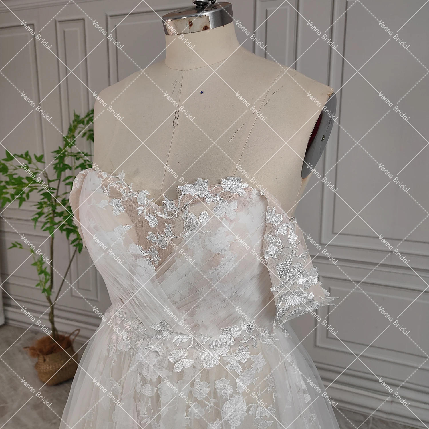 Romantische Kant Sweetheart Echte Foto's Trouwjurk Off Schouder Hoge Split Cross Zachte Tule Aangepaste Big Size Bruidsjurken