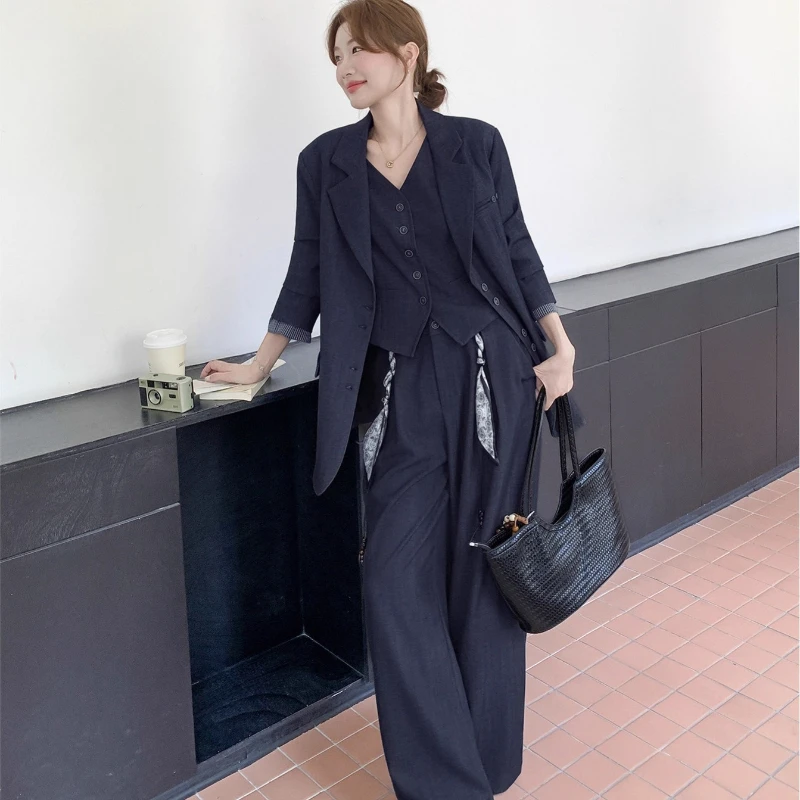 Autumn Winter Fashion Three Piece Set Women Korean Style Commute Elegance Suit Jacket+Vest+High Waist Wide Leg Pants