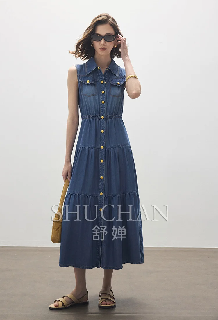 

Austrian Lenzing soft and slippery, lapel waist A-shaped cake denim dress women sleeveless N37284