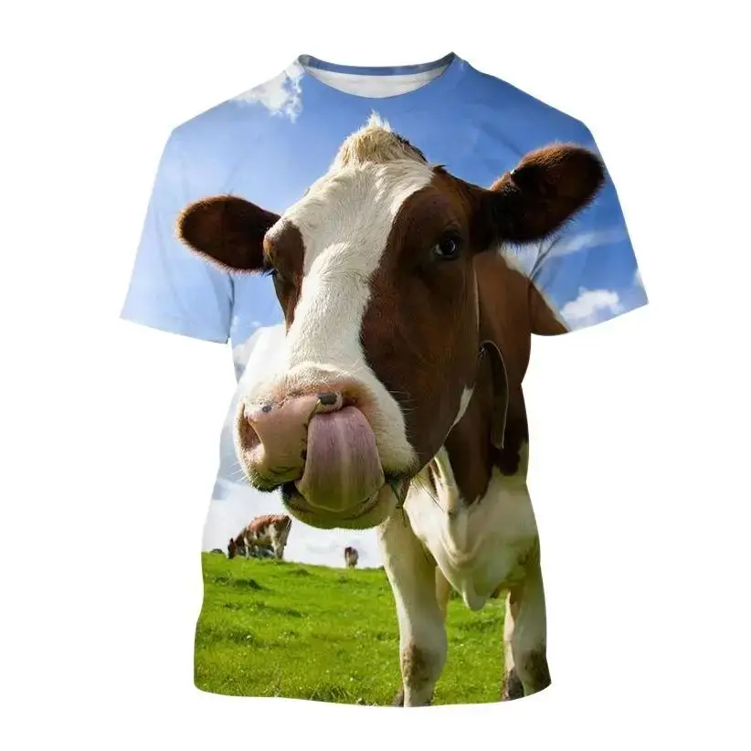 Summer Men\'s Trend Funny Cow Pattern 3d Printed O Collar Short Sleeve Loose Funny Funny Street Plus Size Loose Breathable Top