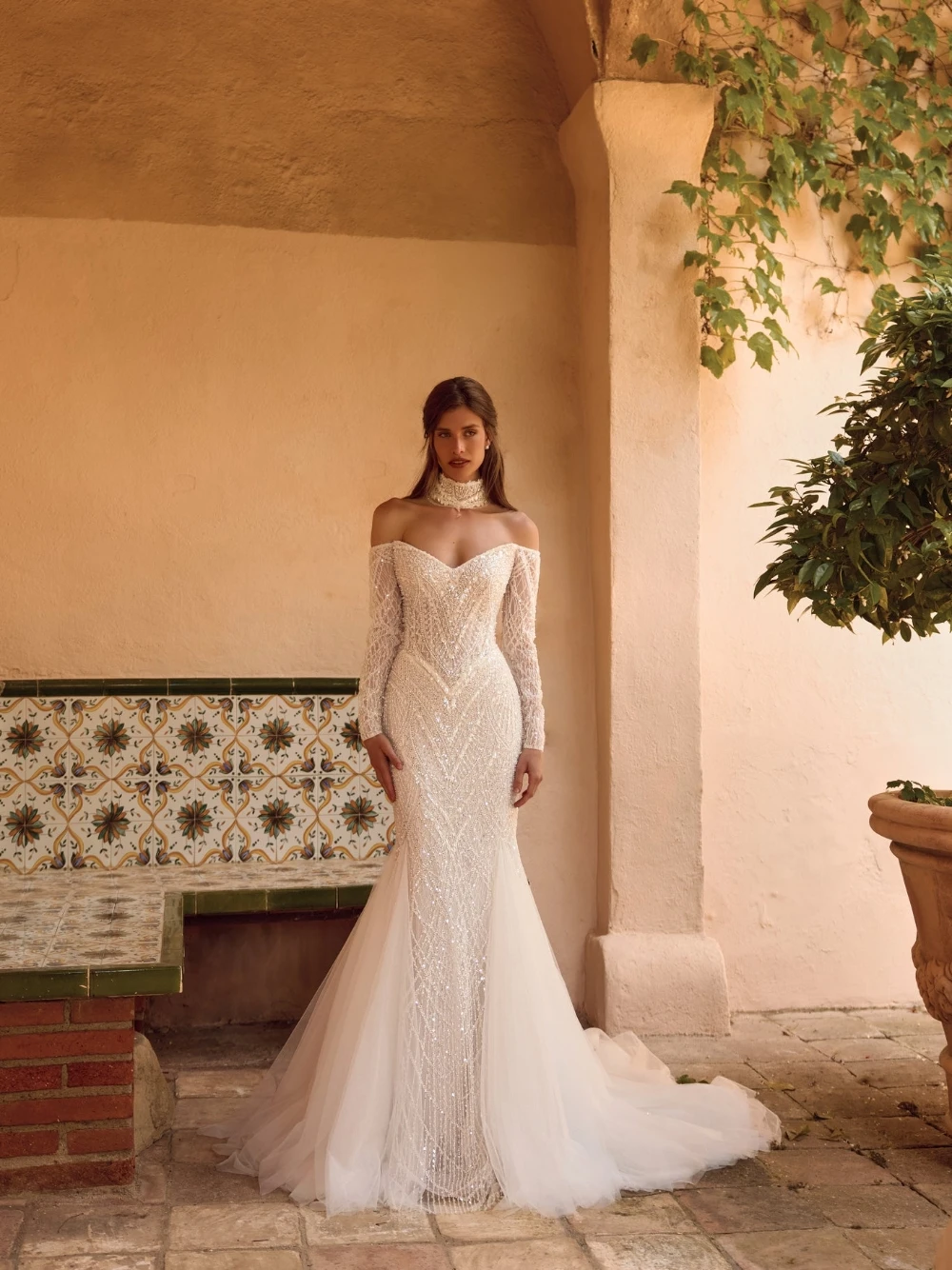 Elegant Off‑the‑Shoulder Mermaid Wedding Dress With Detachable Train Sparkly Glam Beaded Sequins Lace Customized Bridal Gown