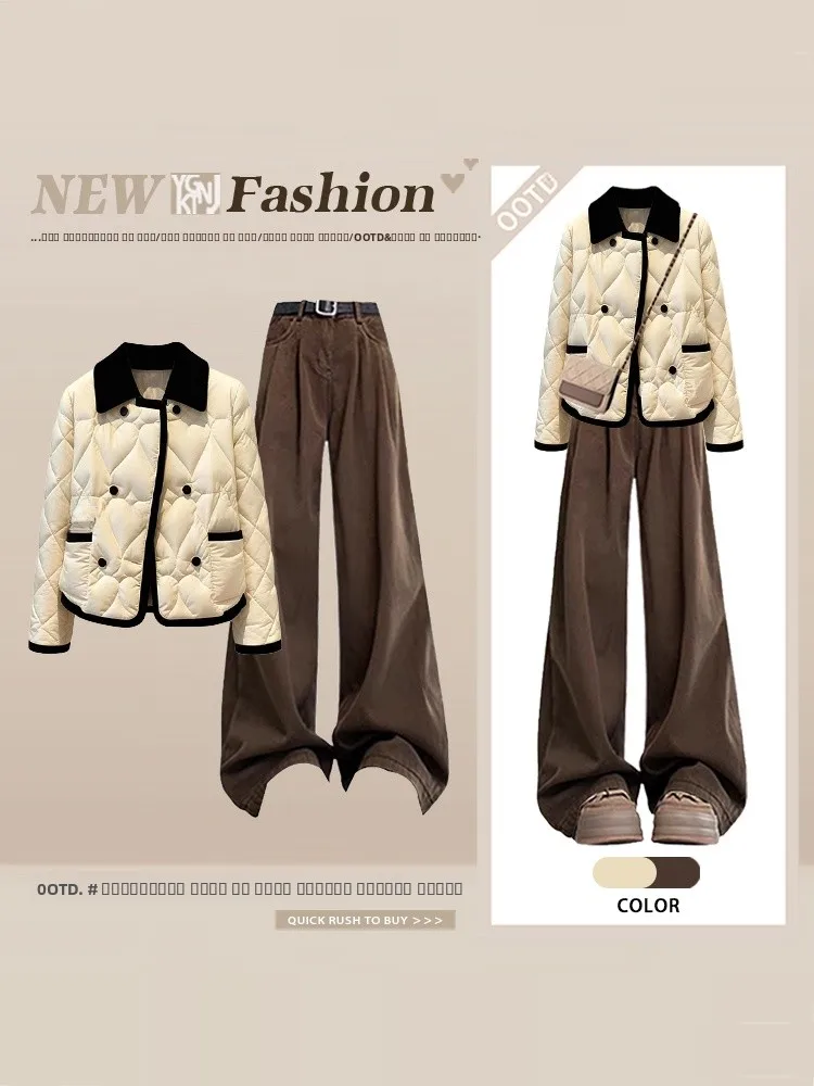 

Retro Hong Kong Style Warm Cotton Jacket Women's High Waist Khaki Wide Leg Pants Set Simple Winter Fashion Ensemble