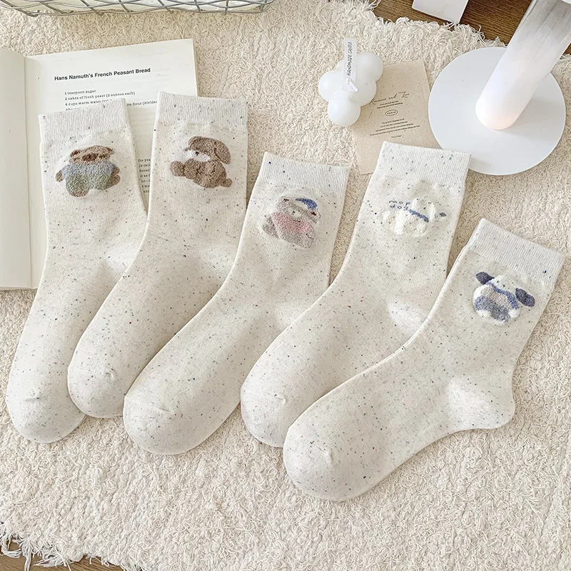 5 pares adorável pelúcia 3d dos desenhos animados urso meias quentes algodão feminino meados de bezerro meias outono inverno meias brancas para meninas de alta qualidade