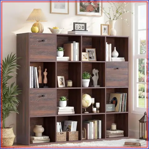 16 Cube Storage Organizer, Wood Bookcase w/ 3 Drawers, 4-Tier Shelf, 47" Wide Display Rack