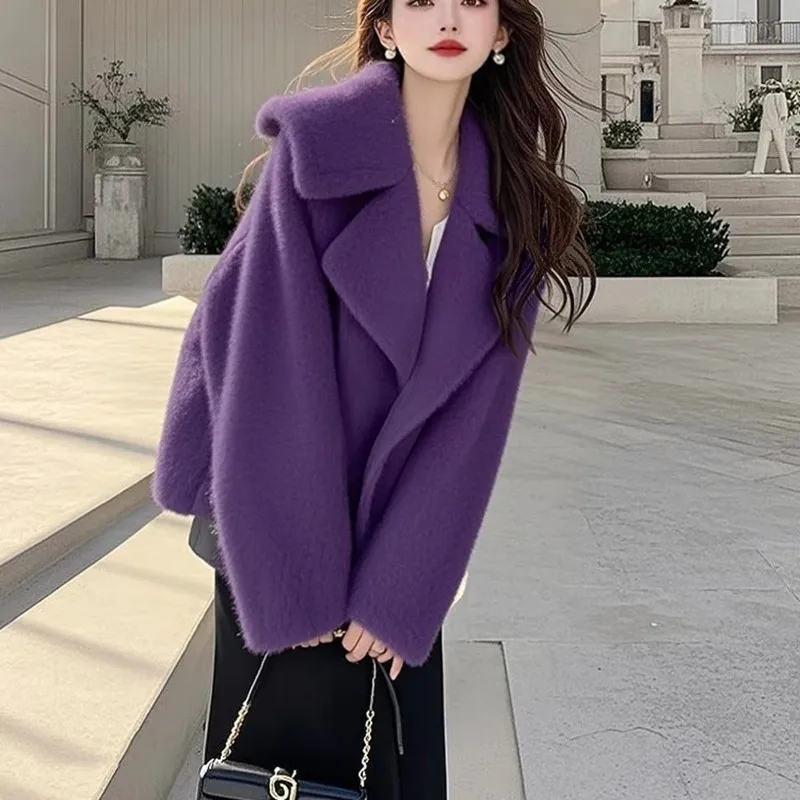 New 2026Spring Women's Korean Style Fashion Versatile Faux Lamb Wool Warm Fur Coat Long Sleeve Solid Purple Slimming Chic Jacket