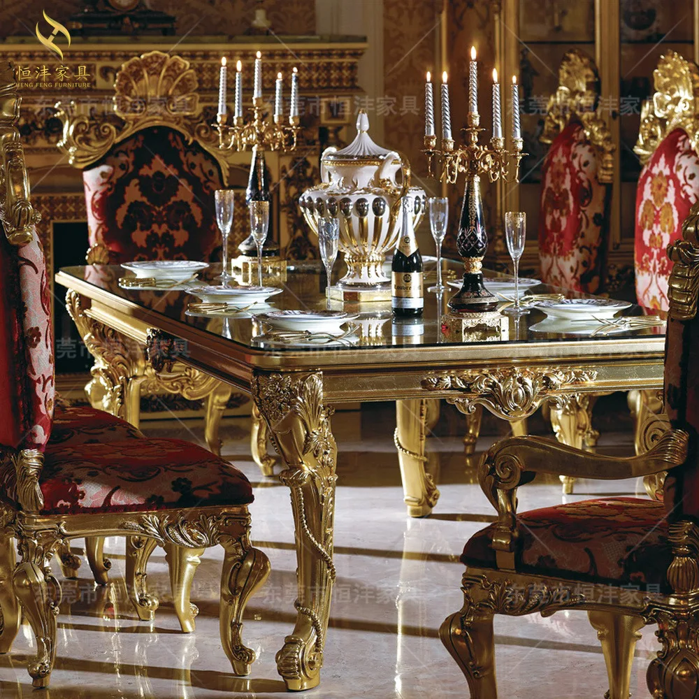 French solid wood carved table European-style villa palace restaurant luxury gold foil table cloth dining chair combination furn