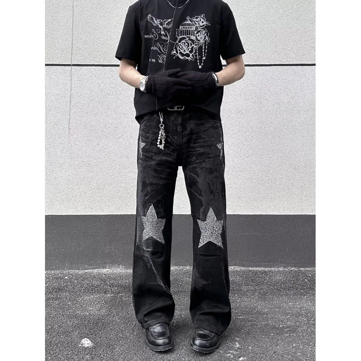 

Мужские джинсы-клеш из плотного денима с американскими звездами и стразами, свободные прямые повседневные брюки больших размеров для осени и зимы