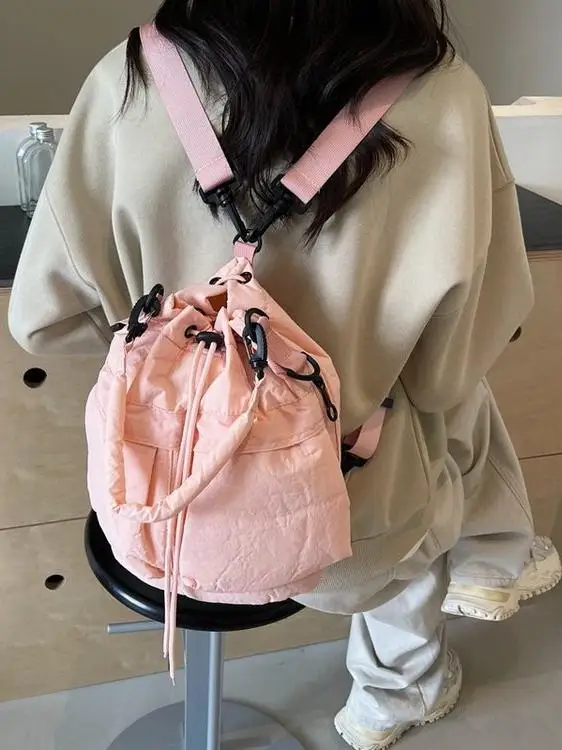 Multi-Pocket Casual Commuter Backpack Ins Style Handheld Crossbody Bag Bucket Shape Nylon Material for Men And Women