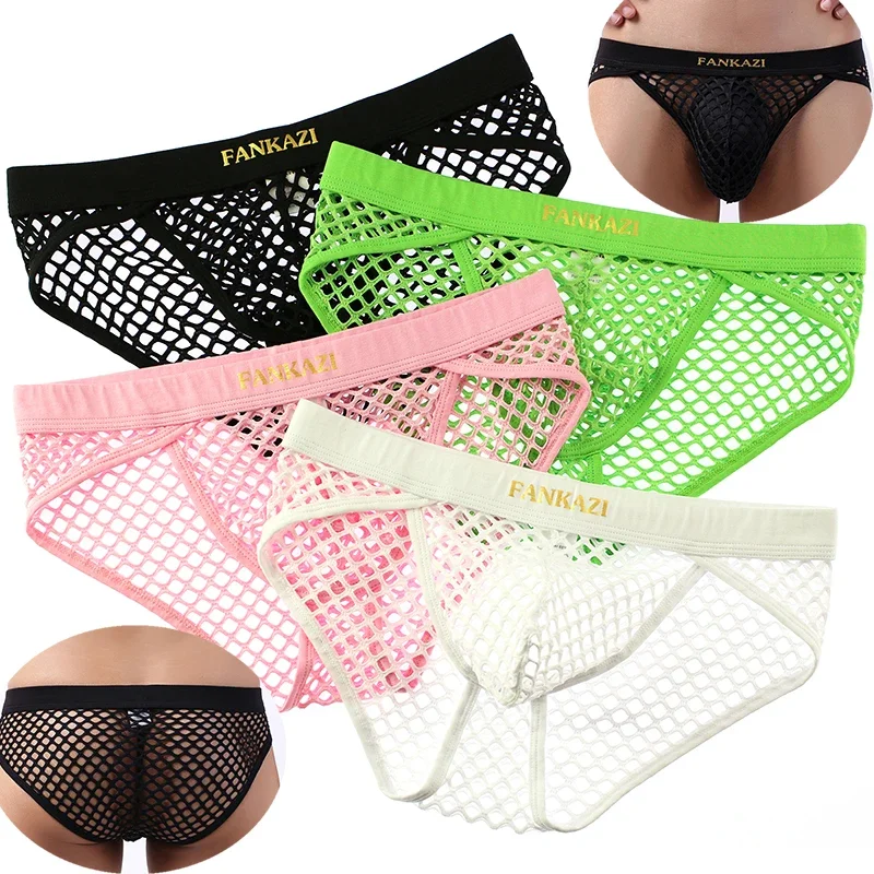 

4PCS/Lots Sexy Men Briefs Jockstrap Lingerie Fishnet Mesh Transparent Underwear Hollow Out Gay Panties Cueca Thongs Tanga Bikini