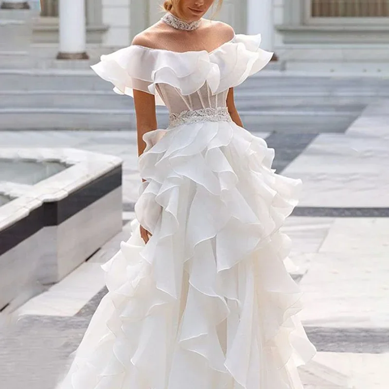 Vestidos de graduación con volantes largos, elegantes, personalizados, con hombros descubiertos, hasta el suelo, para eventos especiales, boda, fiesta de Gala