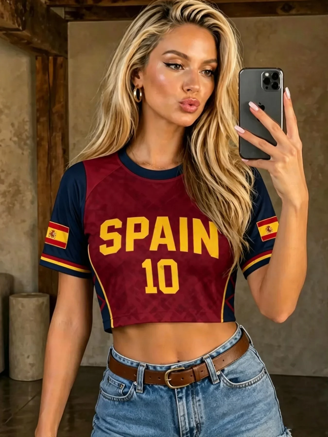 2026 MEN Women Cheerleaders Crop Sexy Y2k Top SPAIN NO.10 Soccer O-Neck Short Sleeve Jersey T-Shirt Tees Hip Hop T-Shirt