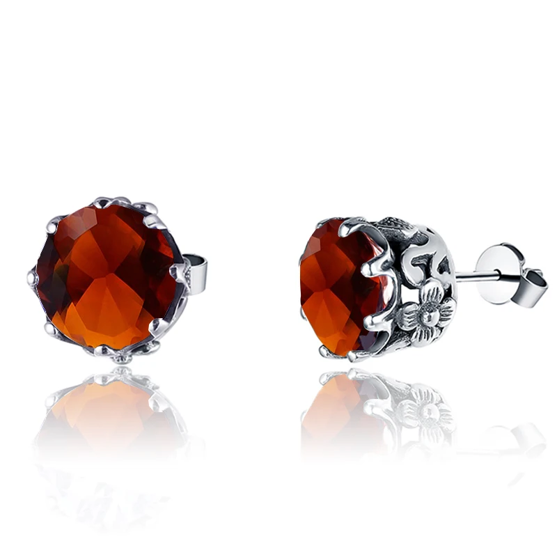 

925 Sterling Silver Amber Stud Earrings for Women Vintage Flower Carved 9mm Round Cut Gemstone Hypoallergenic Retro Jewelry Gift