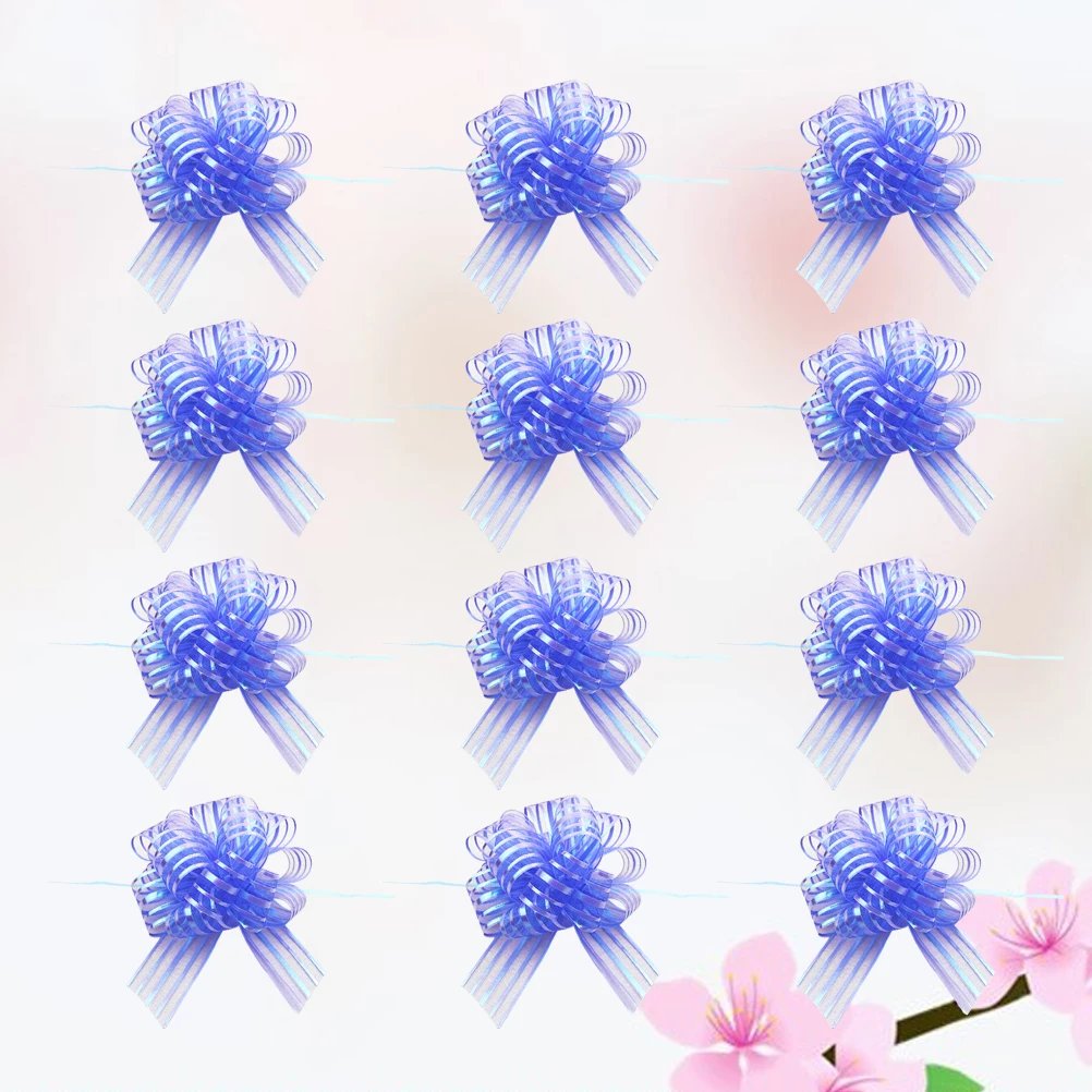 

12 Pcs Wedding Decor Hand Drawn Flower Ball Gifts Bows Pull for Decoration Car Blue