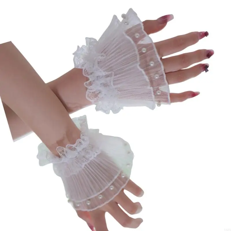 

Y88A Stretchy Sleeves Decorative Cuff Sleeves With Artificial Pearls and Lace Flower