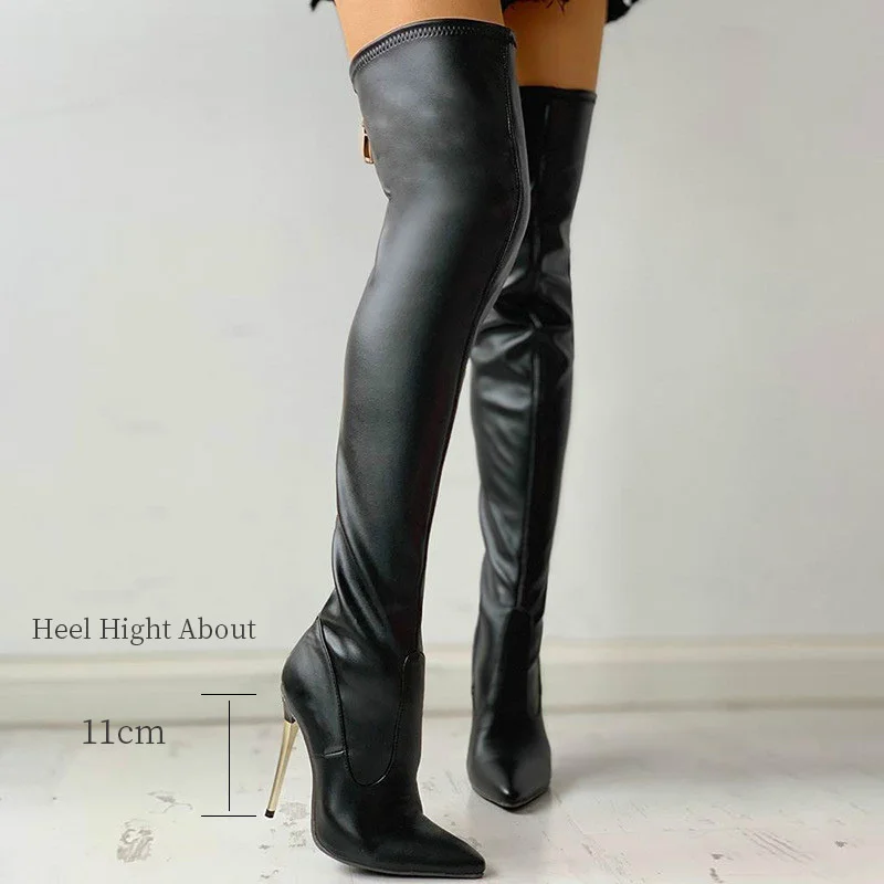 Pointed Toe Sexy High Heels Over The Knee Women Boots Red Thigh High Boots Back Zip Lady Party Shoes