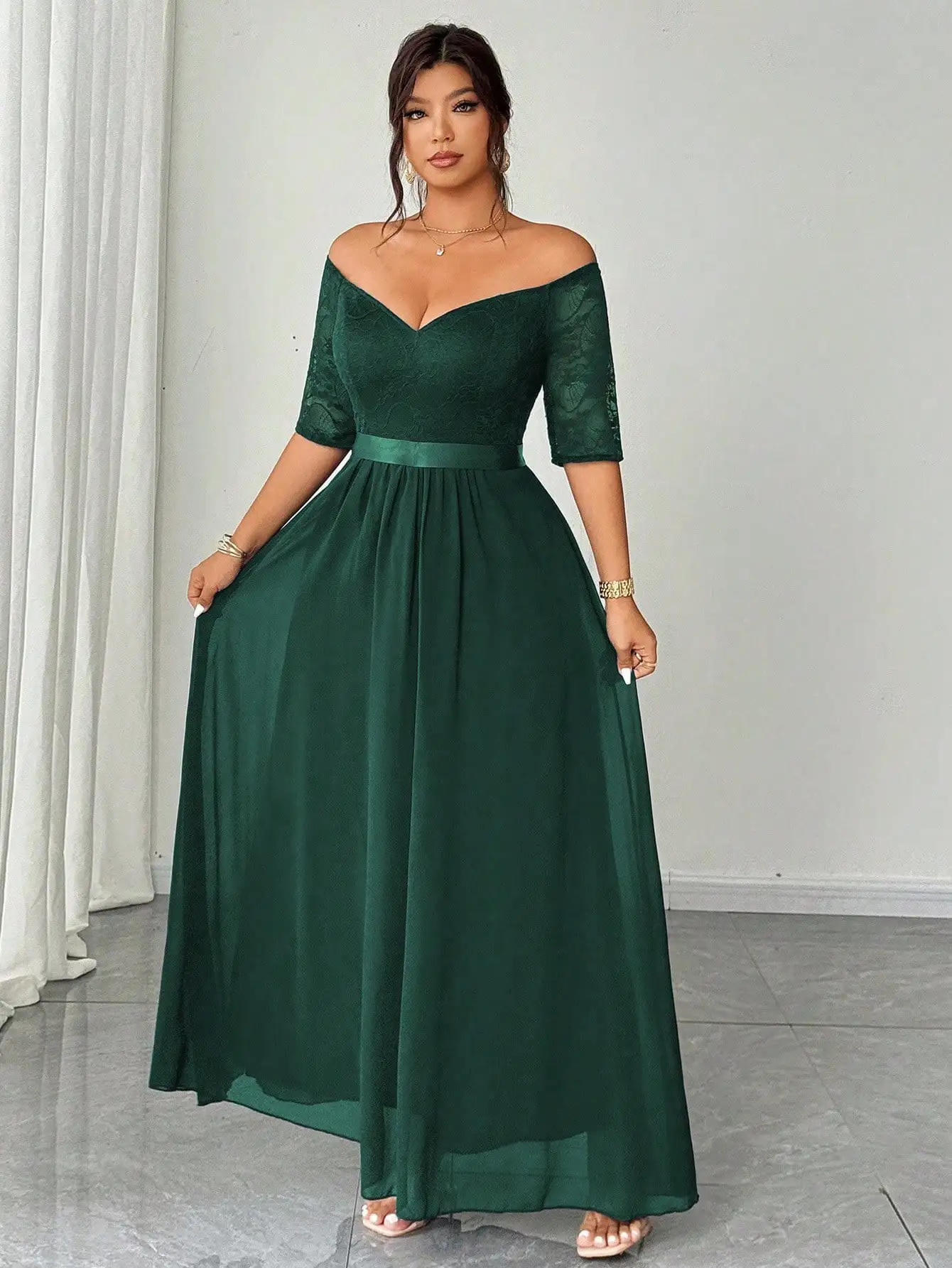 

Elegant Off Shoulder Lace Maxi Dress For Women Party Formal Evening
