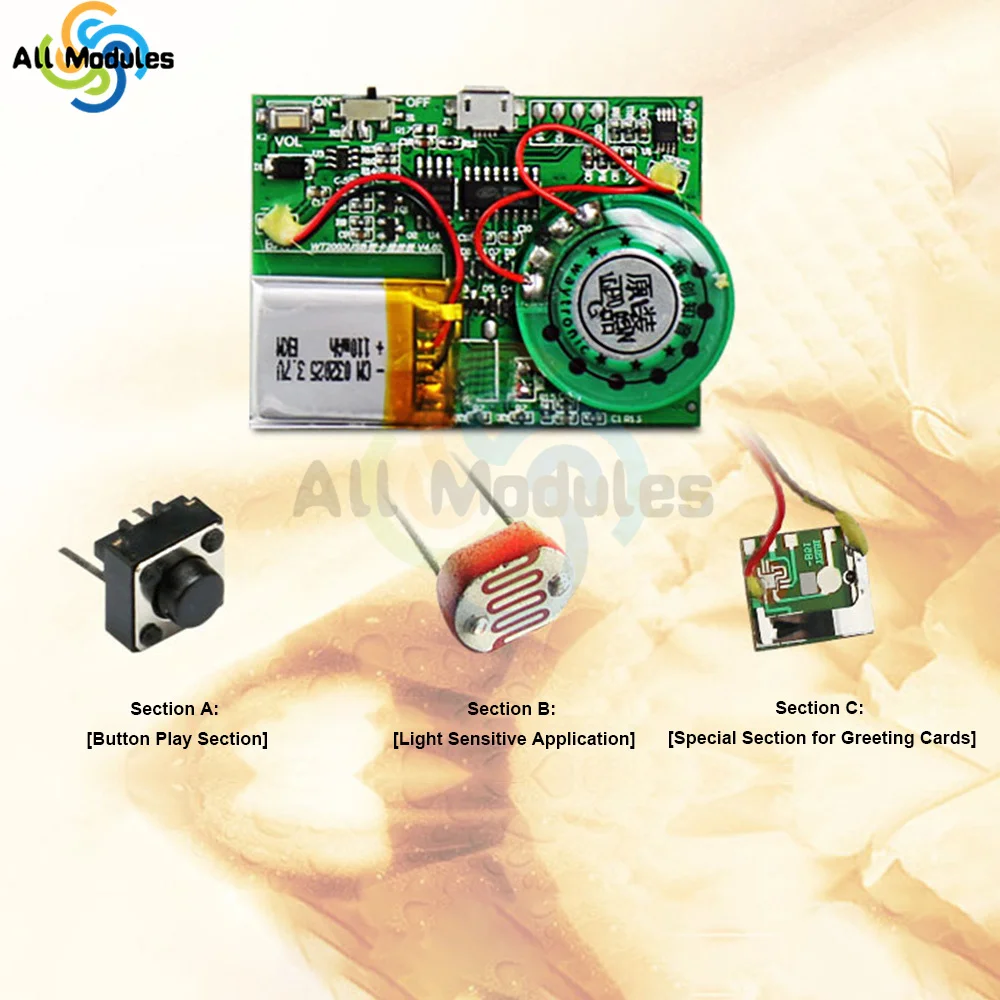 MP3 Recordable PCB Sound Module USB Recording MP3 Music Module Greeting Card DIY MP3 Recordable USB Downloadable Sound Module