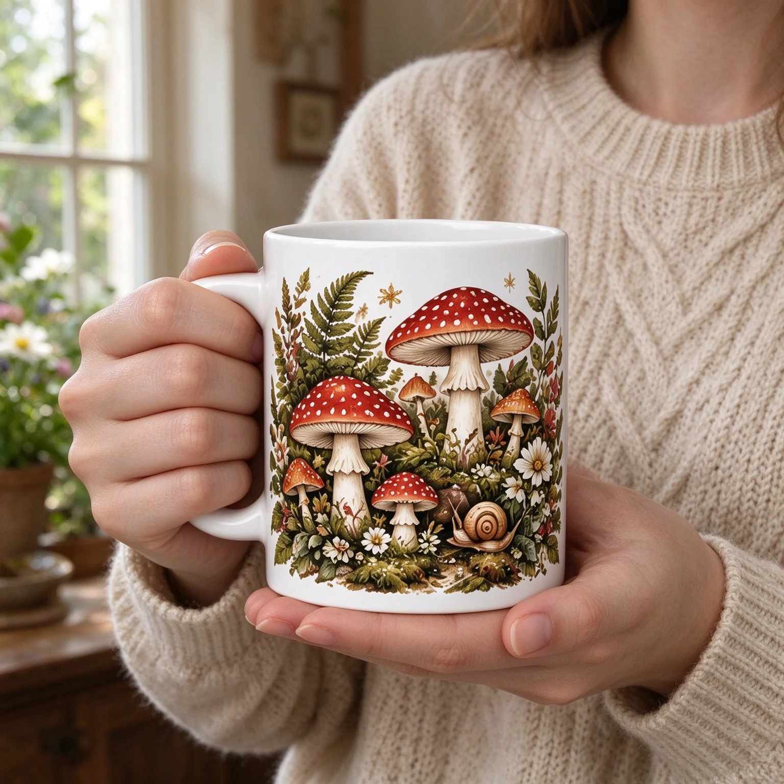 Vintage Red Mushroom Snail Print 11oz Ceramic Coffee Mug Forest Fern Wildflower Cottagecore Home Nature Lover Gift