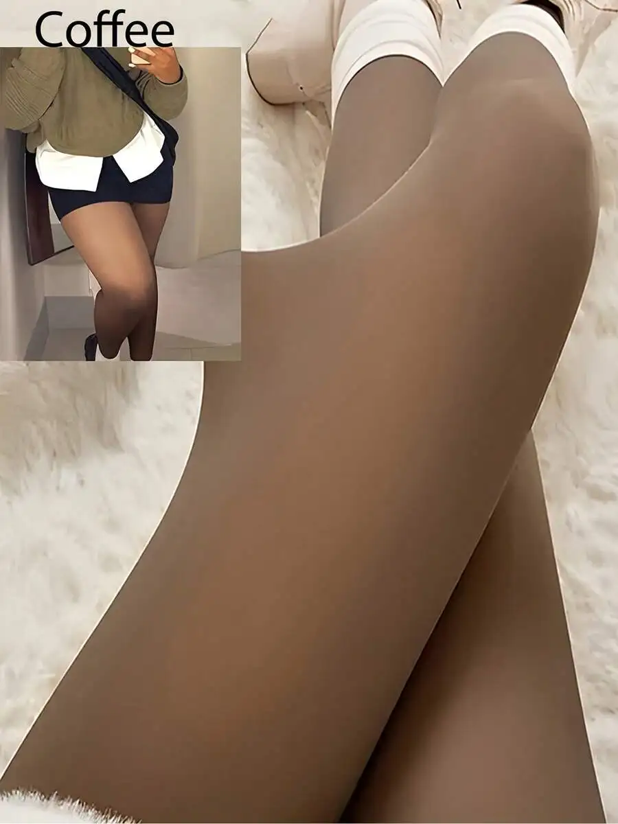 Coffee-Colored Semi-Sheer Velour Tights for Women, Plus Size Warm Winter Leggings
