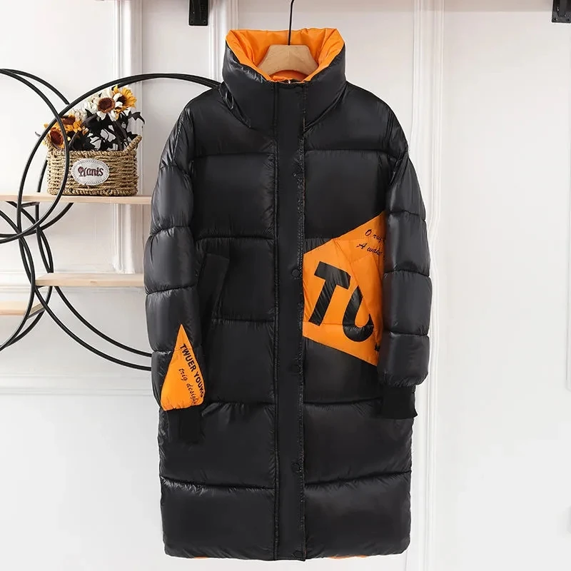 2025 New Winter Down Cotton-Padded Jacket Women Overcoat Korean Color Matching Long Glossy Female Thicke Slim Warm Parker Coats