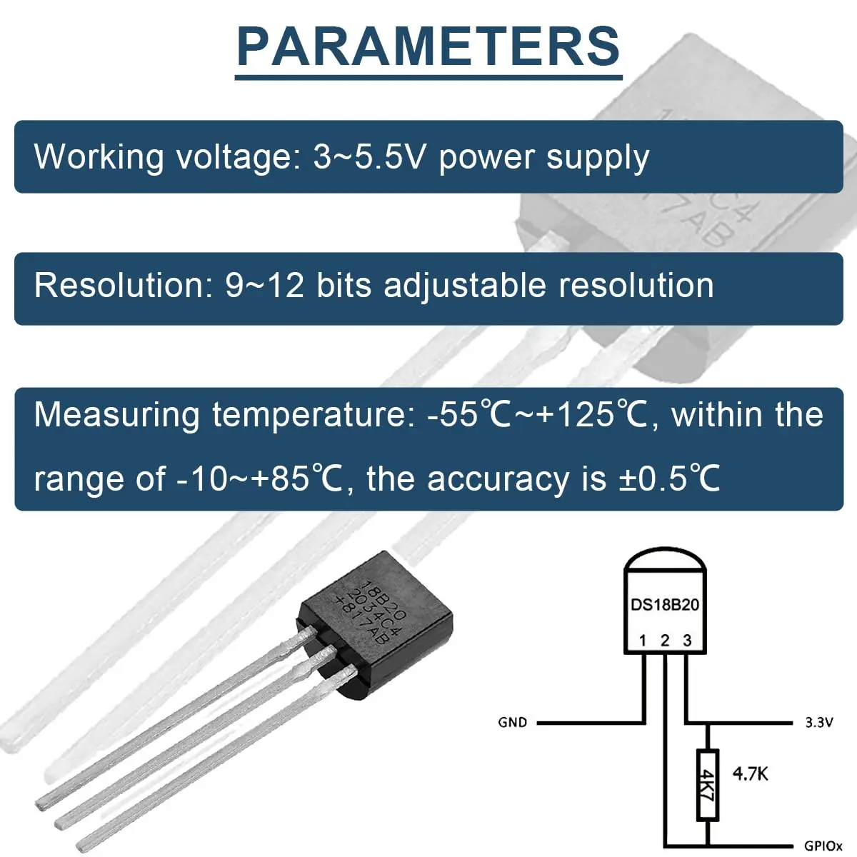 Picture 3: 1/10 DS18B20 Temperature Sensor 3-5.5V Programmable Digital Temperature Sensor Temperature Acquisition for Arduino with 4.7K Ohm