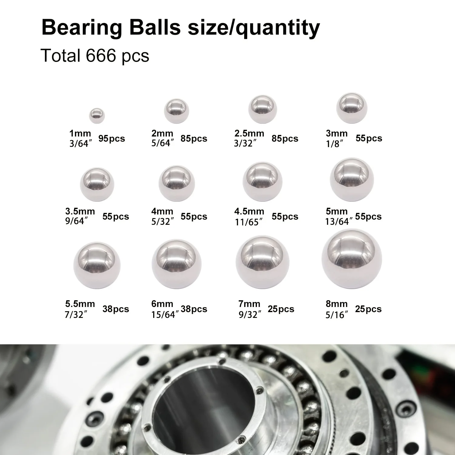 666PCS 304 Stainless Steel Bearing Balls Kit 1–8mm, 12 Size Precision Steel Balls for Bicycle Repair Assorted Loose Set