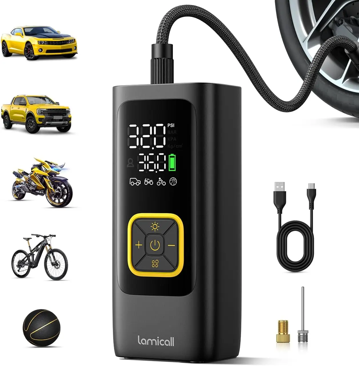 

Portable Tire Inflator - 4X Faster, 150 PSI Air Compressor with Rechargeable Battery, Pressure Gauge, LED Light, Cordless Pump f