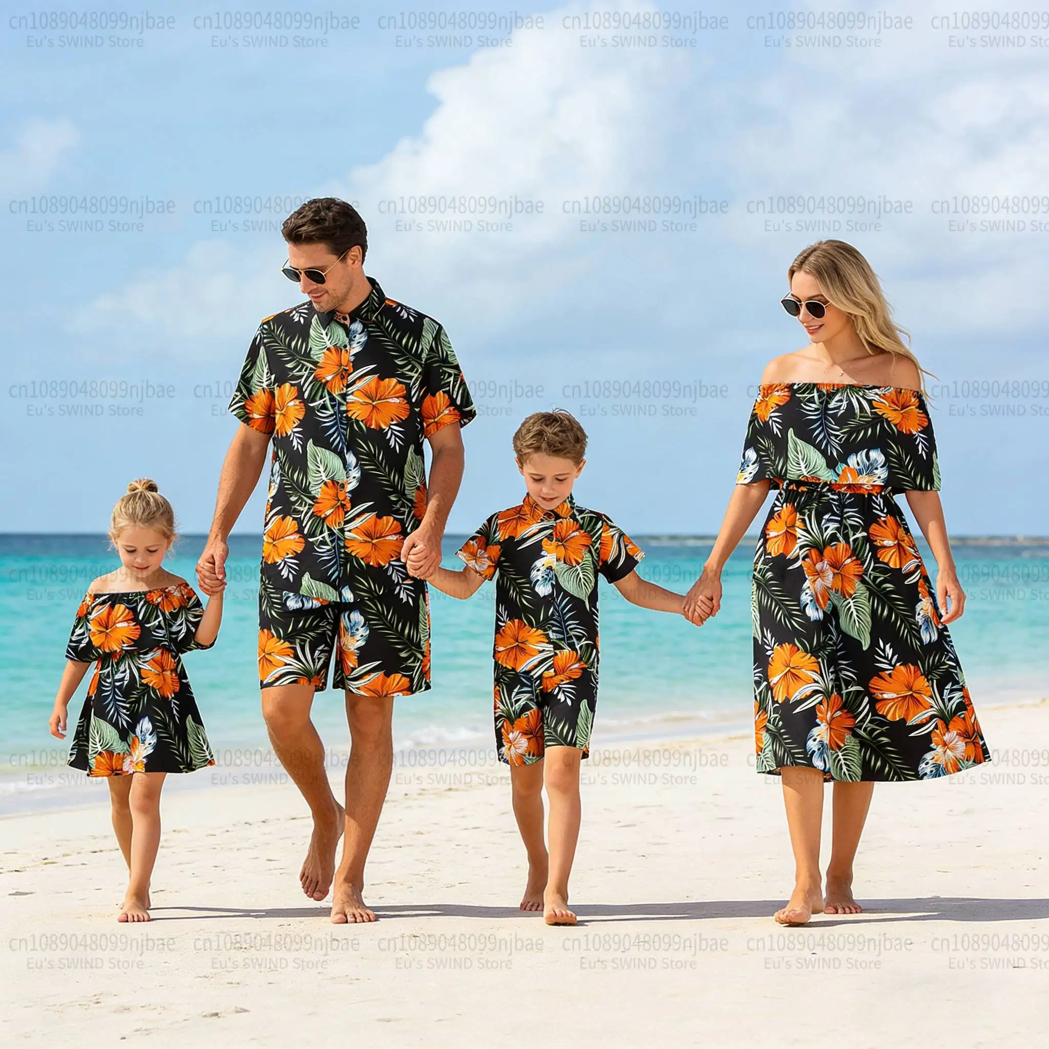 

2026 Summer Women Men Boys Girls Family Matching Matching Clothes Hawaiian Flower Print Mom Daughter Dress Causal Dad Son Holida