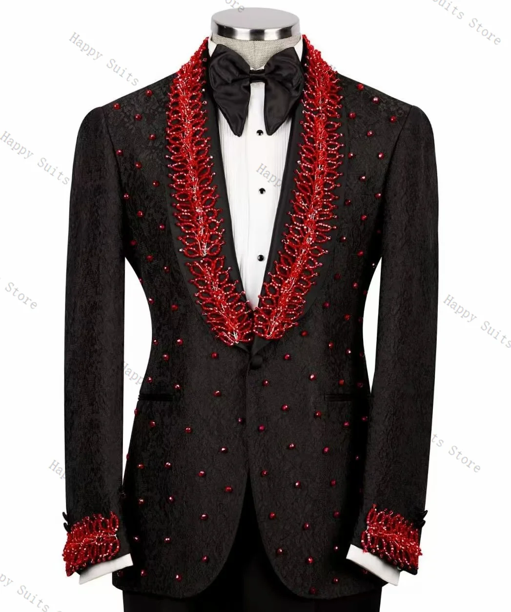 Red Crystals Men Suit Set 2 Pcs Black Blazer+Pants Trousers Formal Office Coat Autumn Groom Wedding Tuxedo Customized Jacket