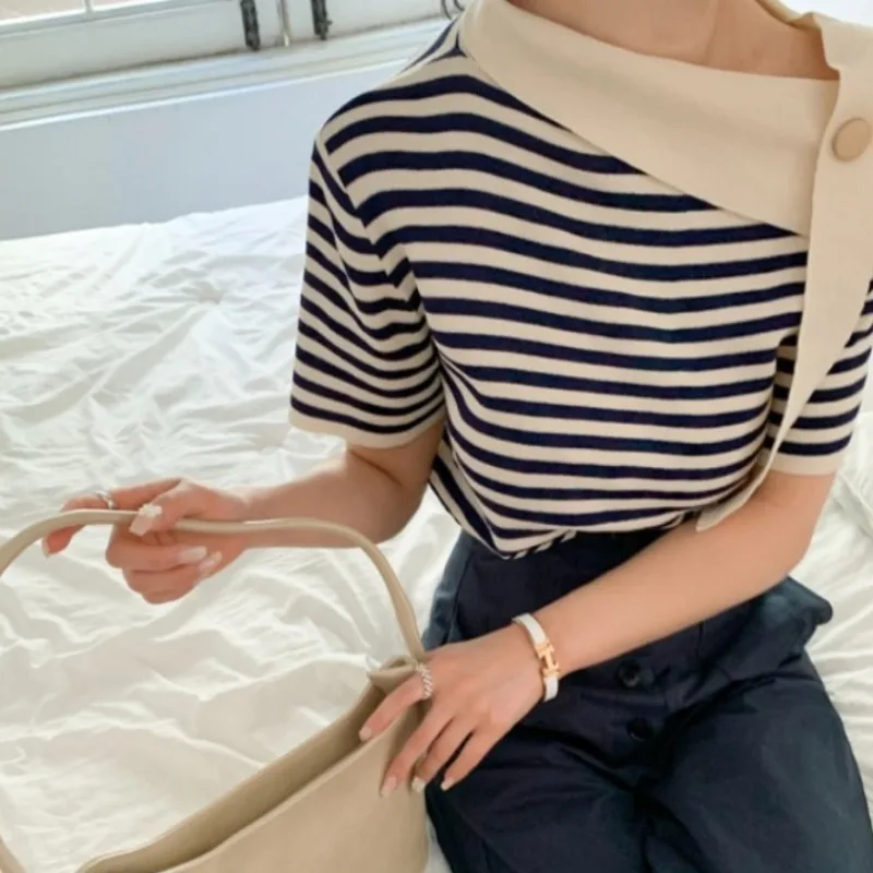 Neploe Fashion Striped Off Shoulder T-shirts Summer Thin Ice Silk Knitted Tops Women 2024 New Slim Fit Short Sleeve Tee Shirt