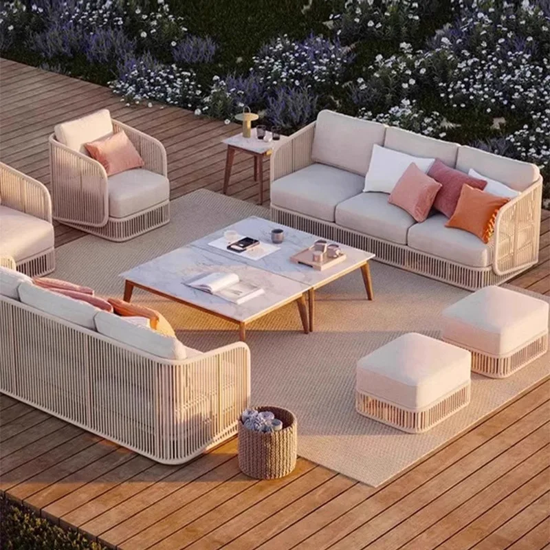 

Outdoor Rattan Sofa Villa Courtyard Garden Leisure Rattan Chair Coffee Table Combination Open-air Balcony Waterproof And Sunscre