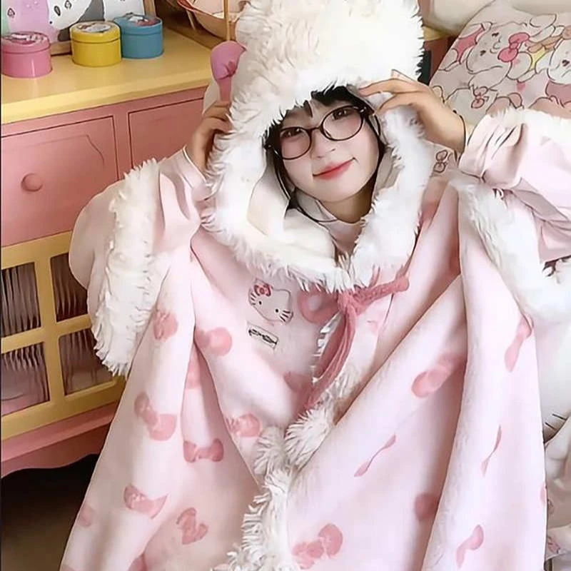 Kitty Cape Shawl Pajama Women'S Winter Coral Fleece With Thick Plush Nightgown Warmth In Autumn And Winter Cute Pink Outerwear