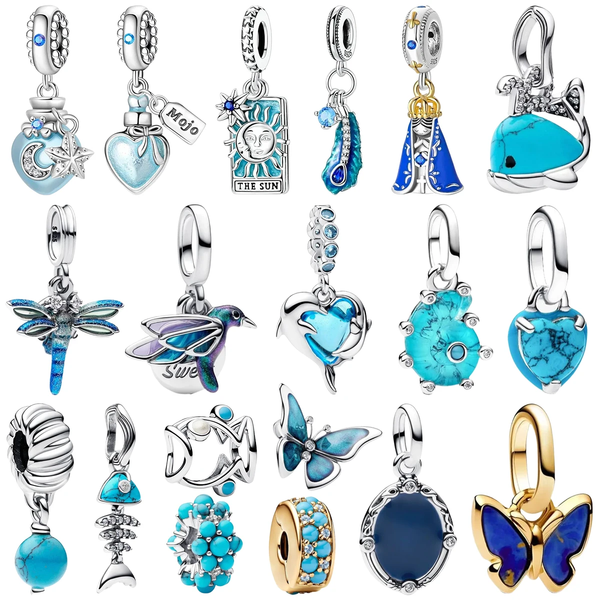 Abalorios de Plata de Ley 925 Personalizados con Turquesa Azul Oscuro, Dijes de Libélula, Cuentas de Aves con Gemas para Collar, Pulsera y Joyería