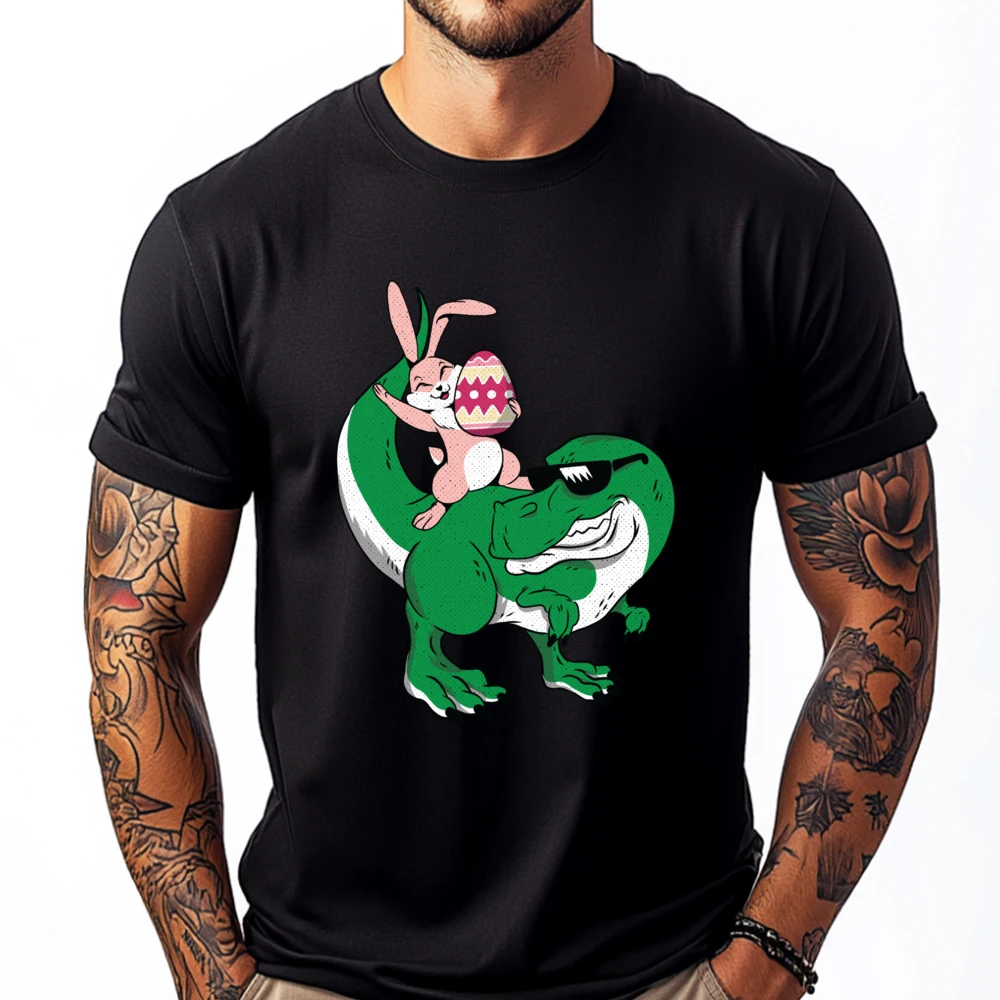 

Bunny Riding T Rex Cute Dino Saur Happy Easter Hiphop Streetwear Mans Men's Cotton T-Shirt Oversized Creative