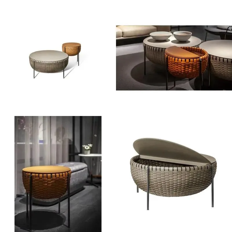Custom woven leather coffee table, Italian minimalist style living room storage side table