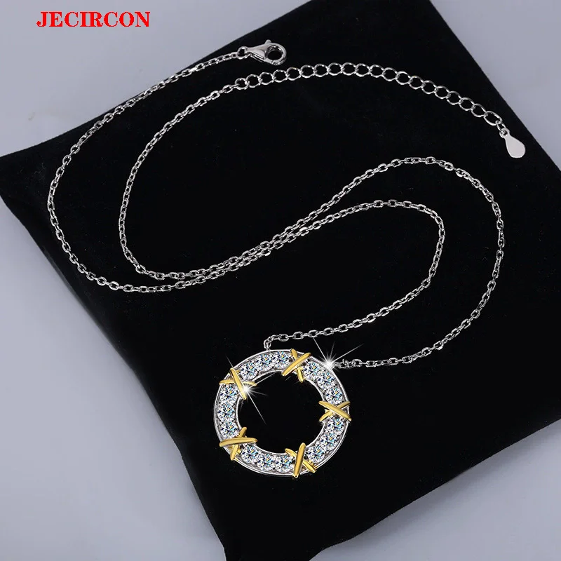 

JECIRCON Women’s S925 Sterling Silver Pendant Necklace, Full 0.1ct Moissanite Stones, Circular X Design, Fashion Clavicle Chai