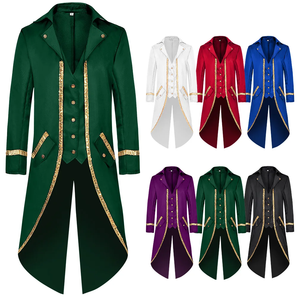 طقم معطف خلفي فيكتوري قوطي عتيق للرجال مع حواف ذهبية وترتر، معطف واق من المطر طويل Steampunk، سترة وسراويل للحفلات التنكرية