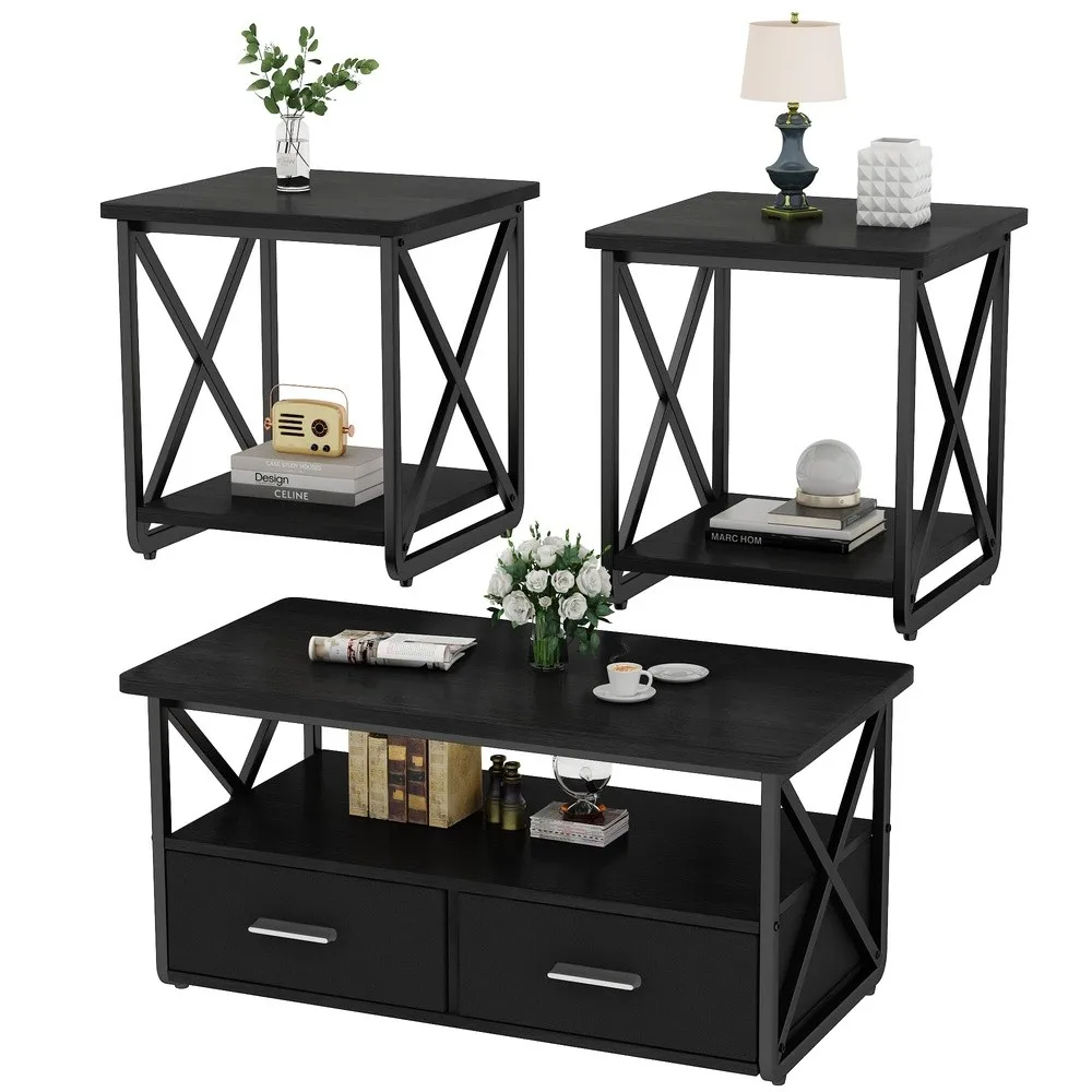 3 Piece Coffee Table Set for Living Room with Fabric Drawers and Storage Shelves Rustic Wood and Metal Frame Industrial